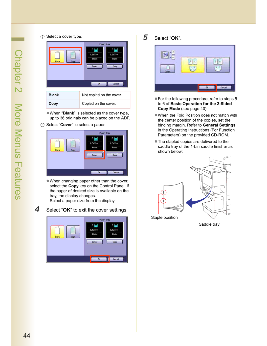 Panasonic C264, DP-C354, DP-C323, C263, C213 manual More Menus Features, Select OK to exit the cover settings 