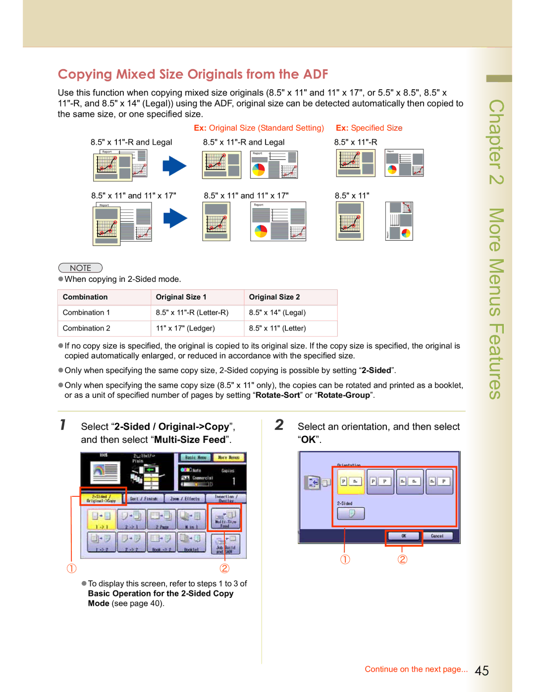 Panasonic DP-C354, DP-C323, C263, C213 Copying Mixed Size Originals from the ADF, Select an orientation, and then select 