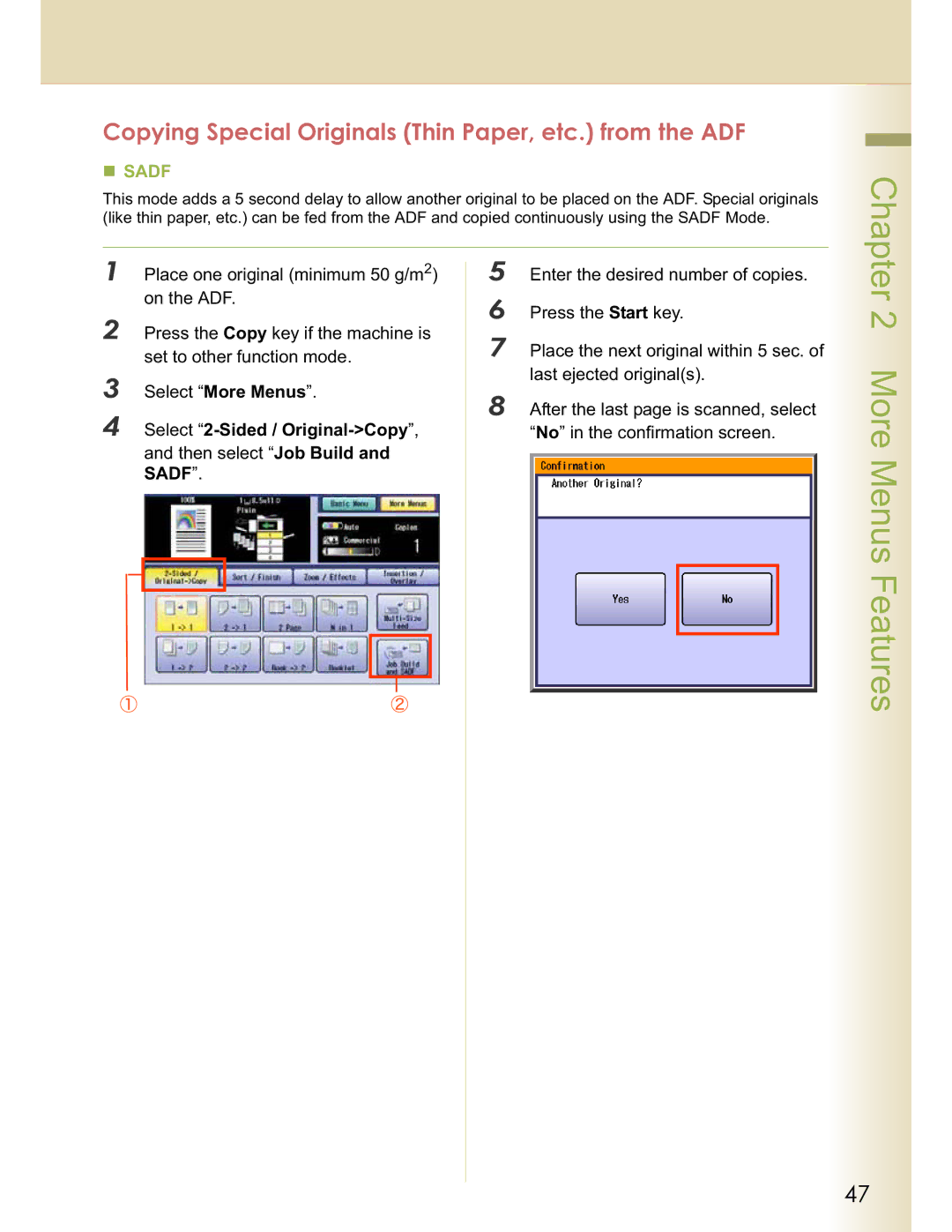 Panasonic C263, DP-C354, DP-C323 Copying Special Originals Thin Paper, etc. from the ADF, No in the confirmation screen 