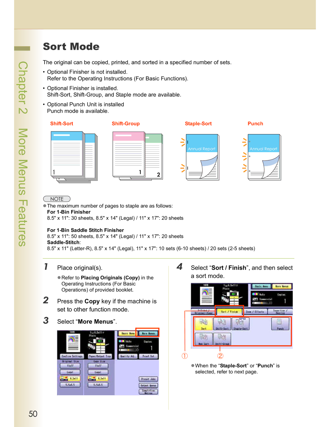 Panasonic DP-C354, DP-C323, C263, C213, C264 manual Sort Mode, Place originals Select Sort / Finish, and then select, Sort mode 