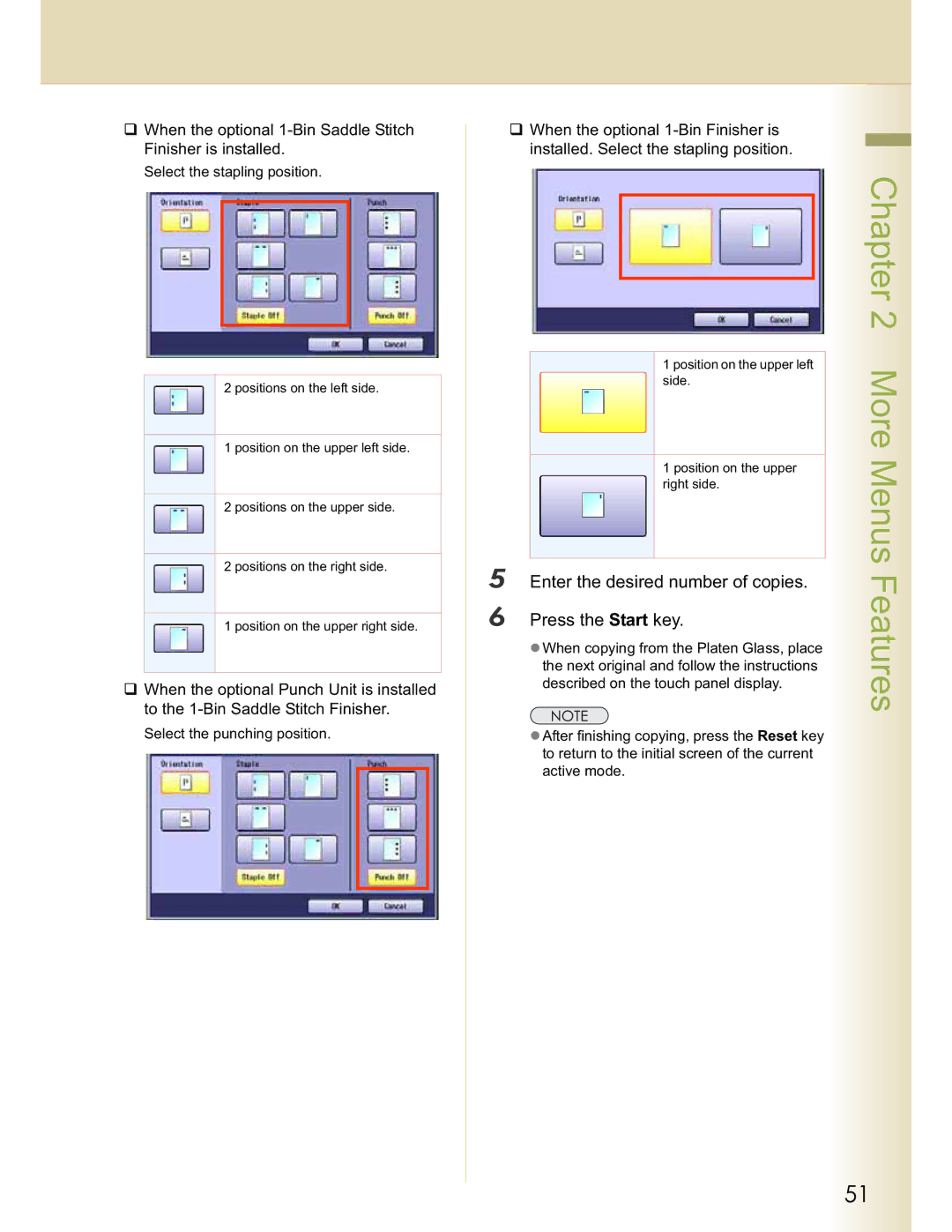 Panasonic DP-C323, DP-C354, C263 When the optional 1-Bin Saddle Stitch Finisher is installed, Select the stapling position 