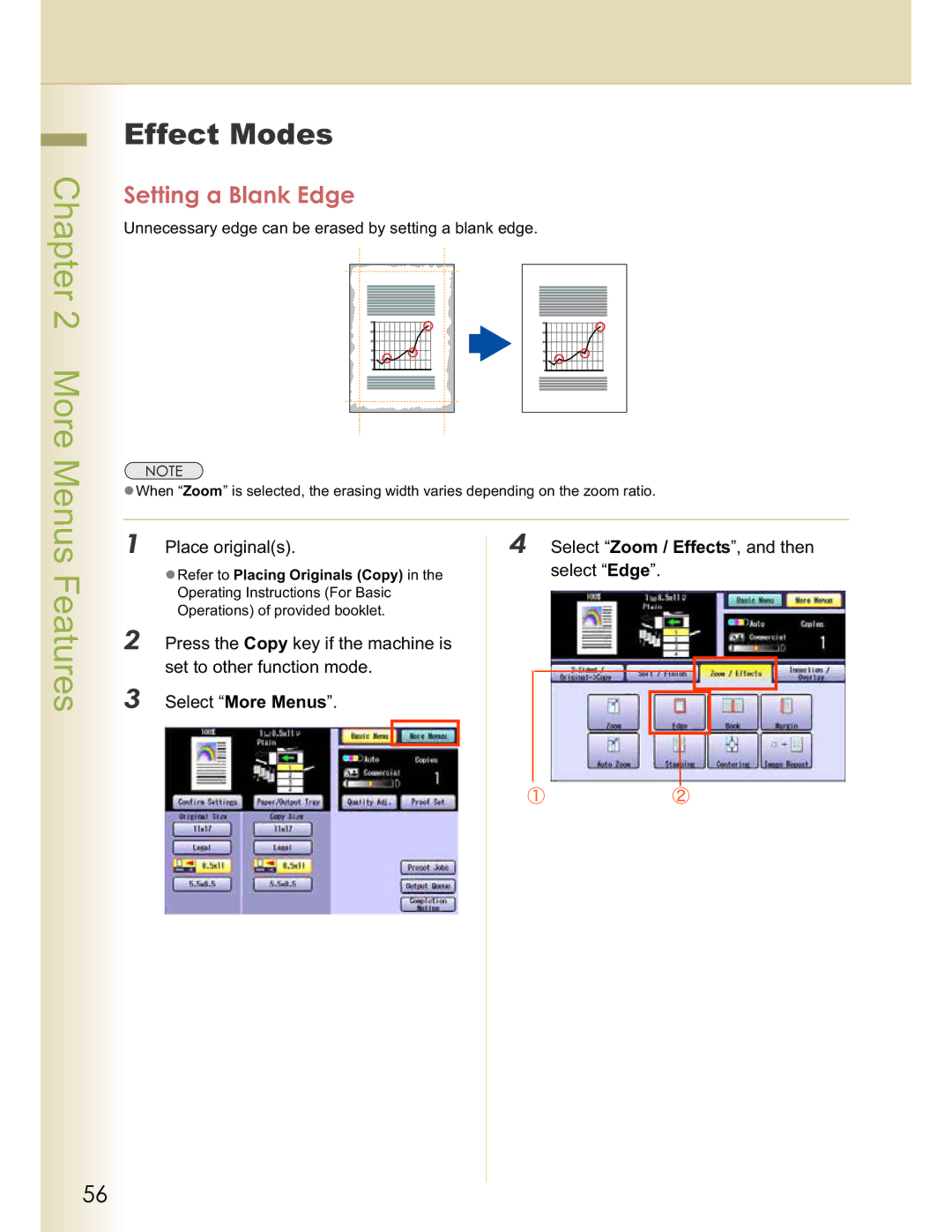 Panasonic DP-C323, C263 Effect Modes, Setting a Blank Edge, Place originals Select Zoom / Effects, and then, Select Edge 