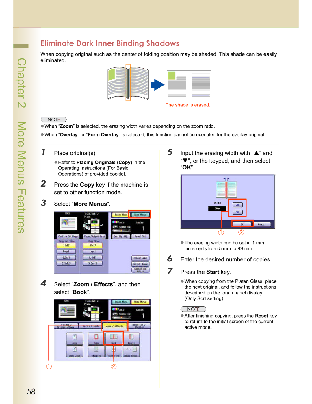 Panasonic C213, DP-C354 Eliminate Dark Inner Binding Shadows, Place originals Input the erasing width with, Select Book 