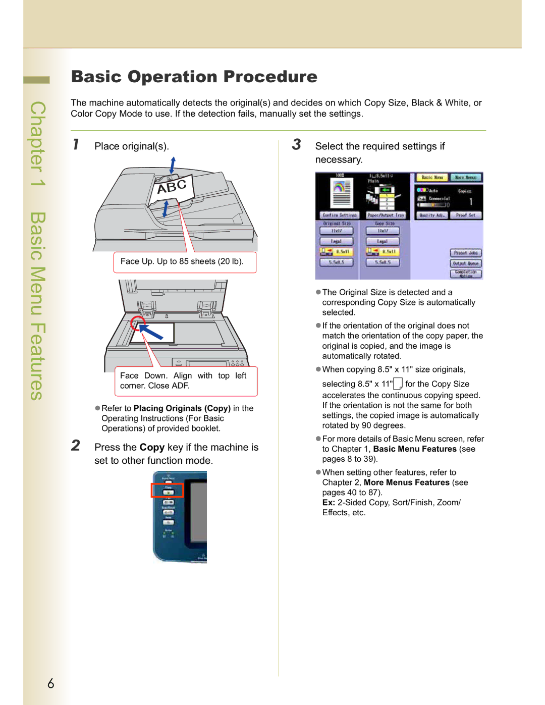 Panasonic DP-C323, DP-C354, C263, C213 Basic Menu Features, Basic Operation Procedure, Press the Copy key if the machine is 