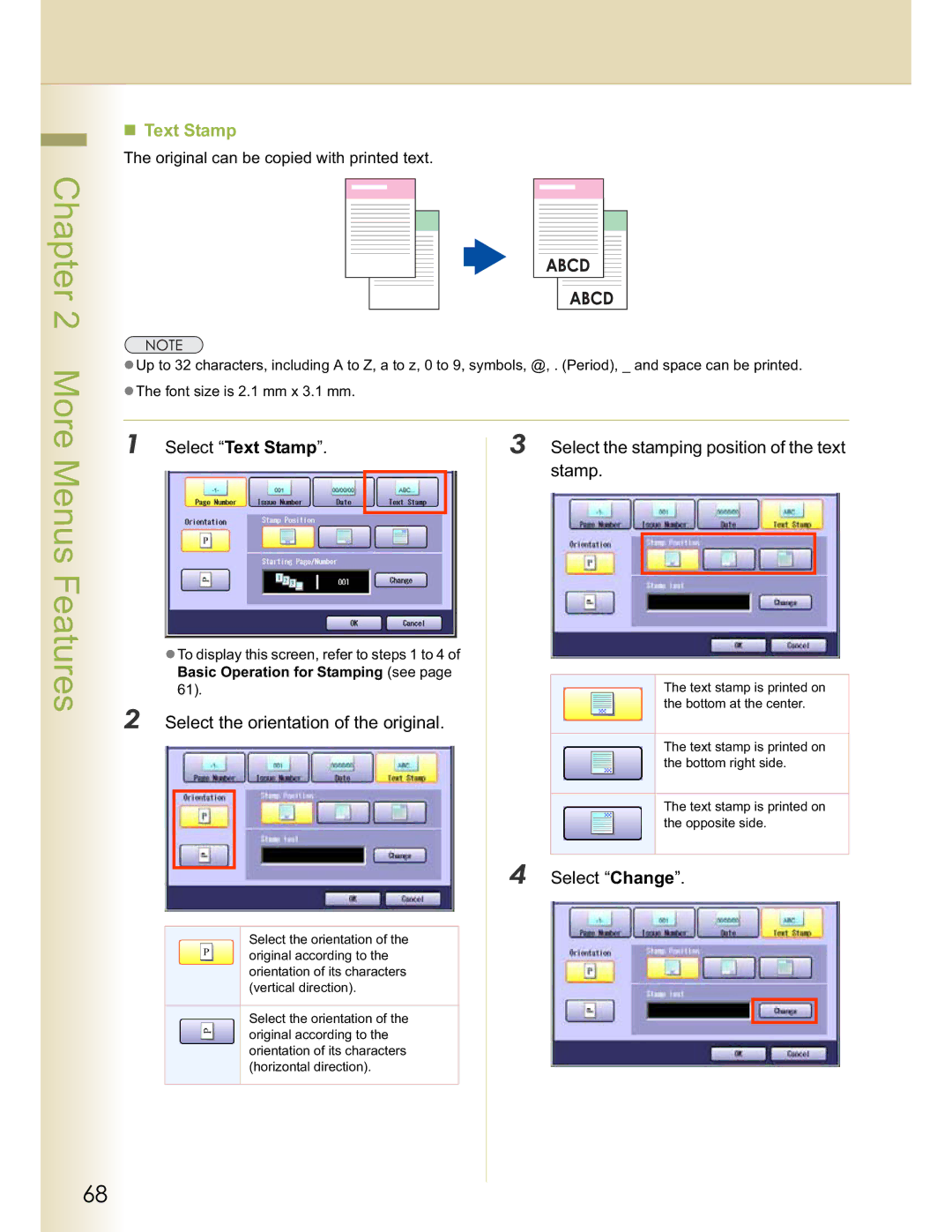 Panasonic C213, DP-C354, DP-C323, C263, C264 manual Select Text Stamp Select the stamping position of the text, Select Change 