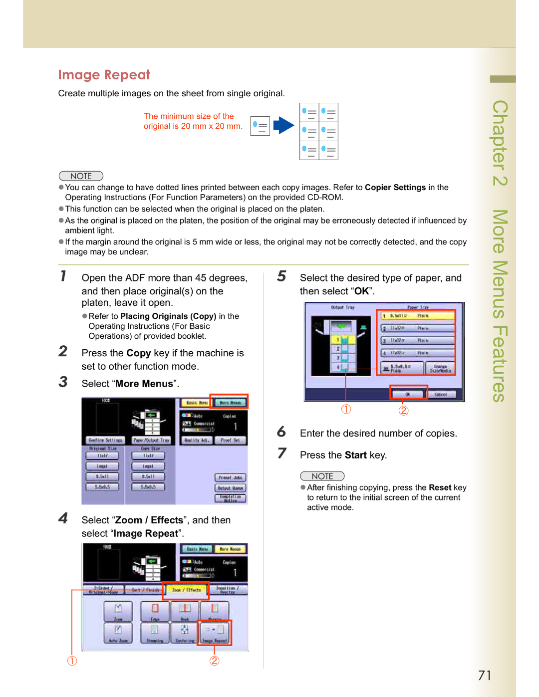 Panasonic DP-C323, DP-C354, C263, C213, C264 manual Select Zoom / Effects, and then select Image Repeat 