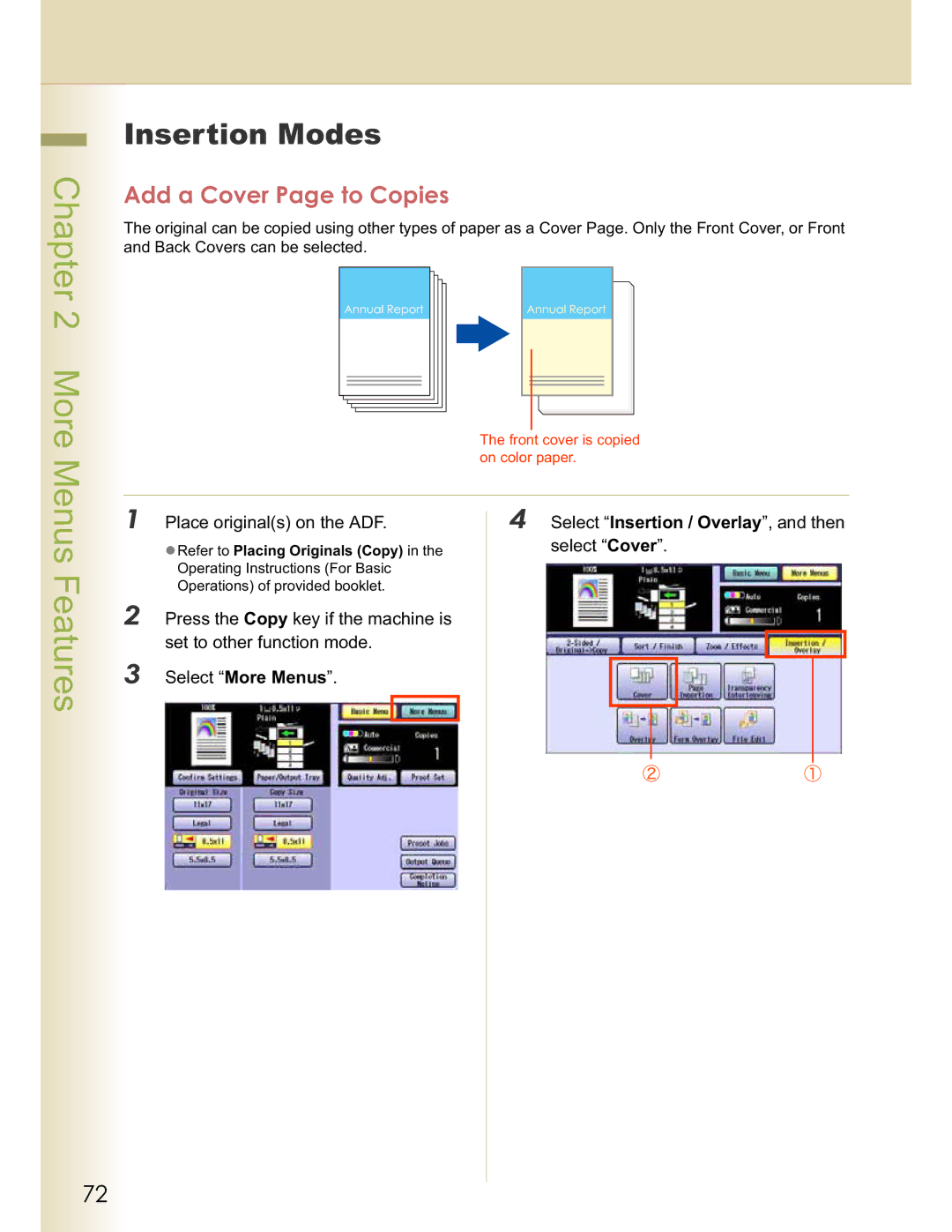 Panasonic C263, DP-C354, DP-C323, C213, C264 manual Insertion Modes, Add a Cover Page to Copies, Select Cover 