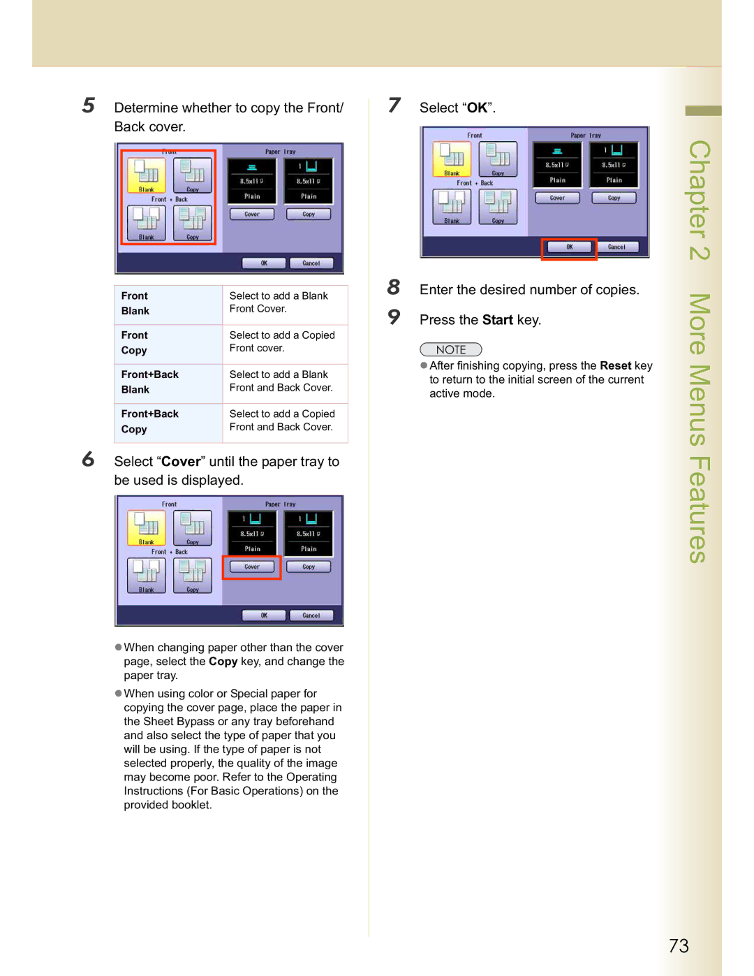 Panasonic C213 Determine whether to copy the Front/ Back cover, Select Cover until the paper tray to be used is displayed 