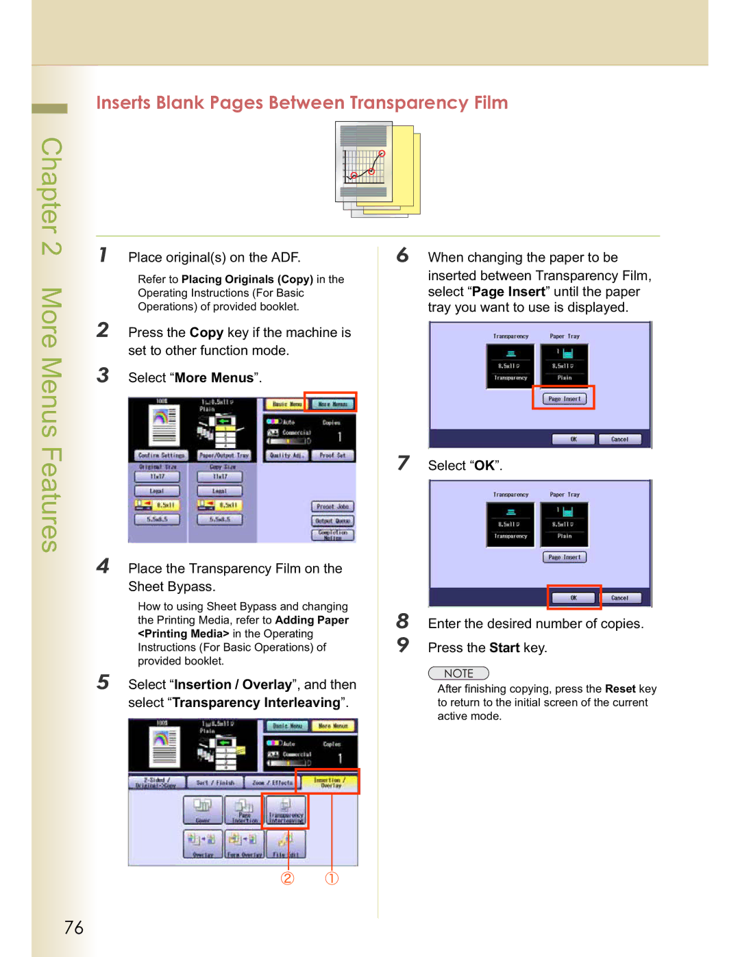 Panasonic DP-C323, DP-C354, C263, C213, C264 manual Inserts Blank Pages Between Transparency Film, Place originals on the ADF 