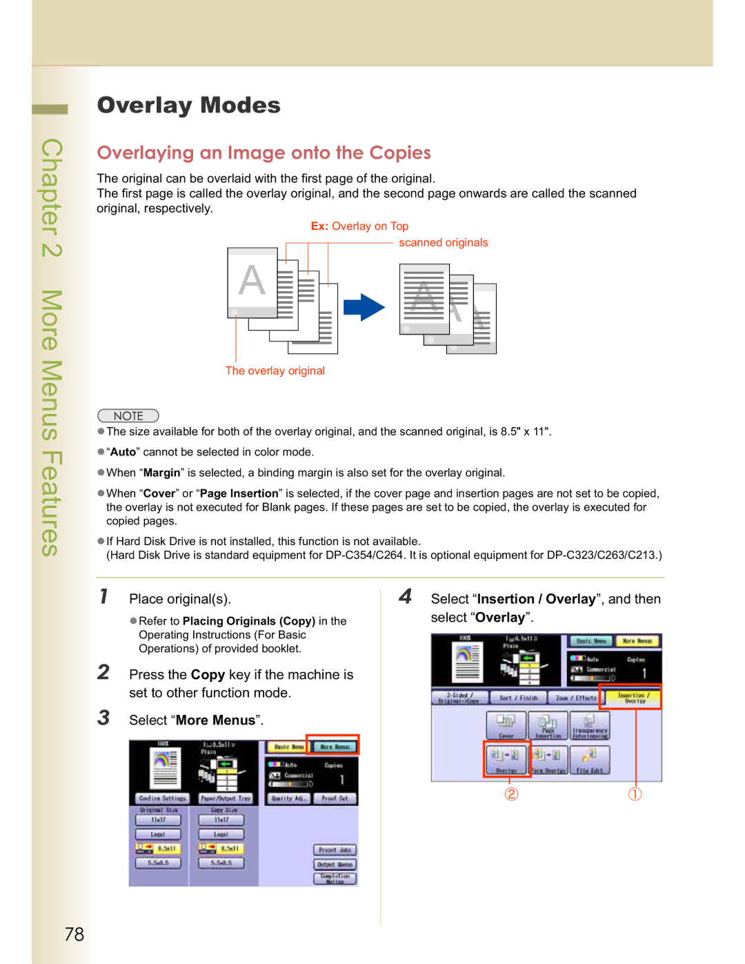 Panasonic C213 Overlay Modes, Overlaying an Image onto the Copies, Place originals Select Insertion / Overlay, and then 