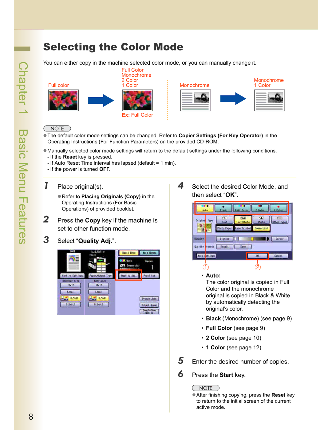 Panasonic C213 Selecting the Color Mode, Place originals Select the desired Color Mode, Then select OK, Select Quality Adj 