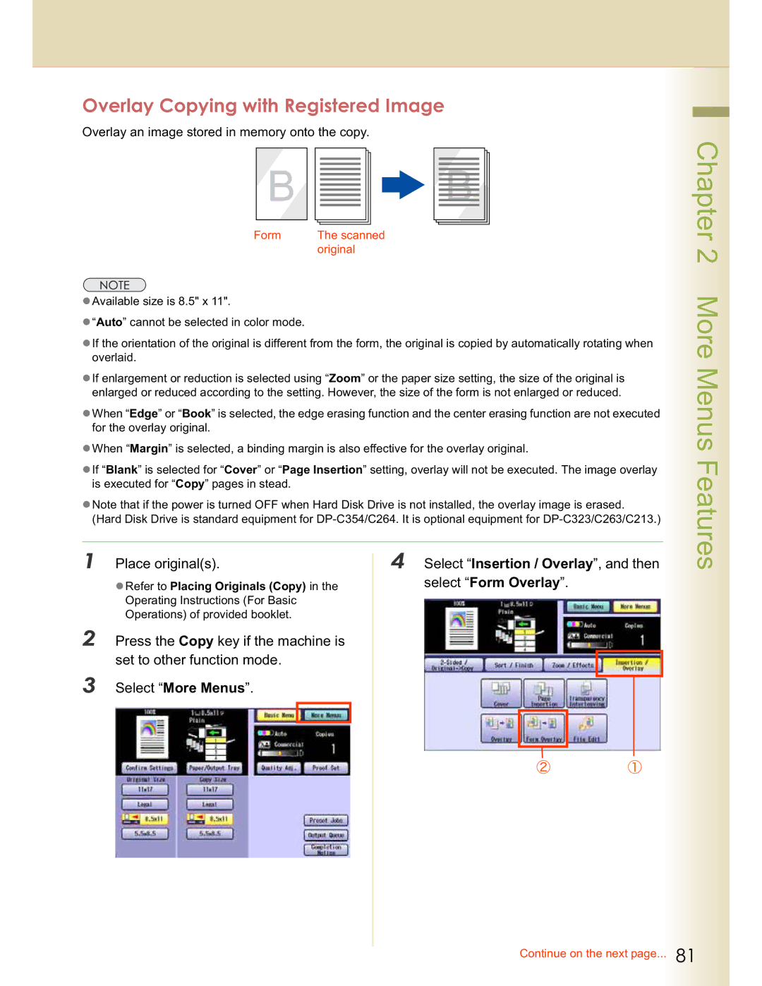 Panasonic DP-C323, DP-C354, C263, C213, C264 manual Overlay Copying with Registered Image, Select Form Overlay 