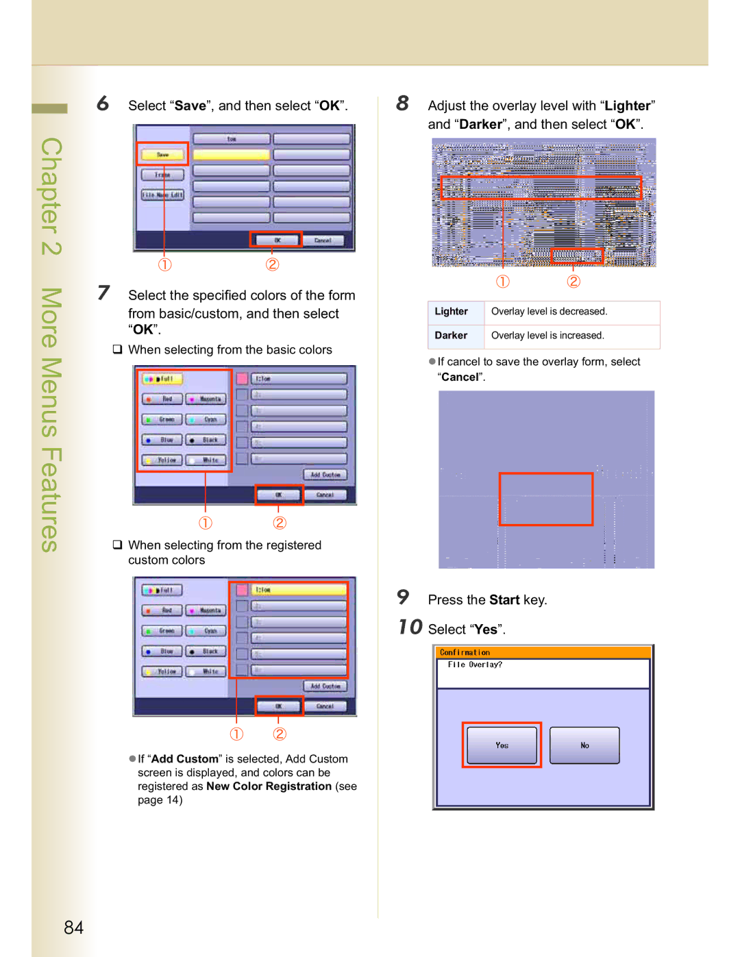 Panasonic C264, DP-C354, DP-C323 Menus Features, Select Save, and then select OK, Select the specified colors of the form 