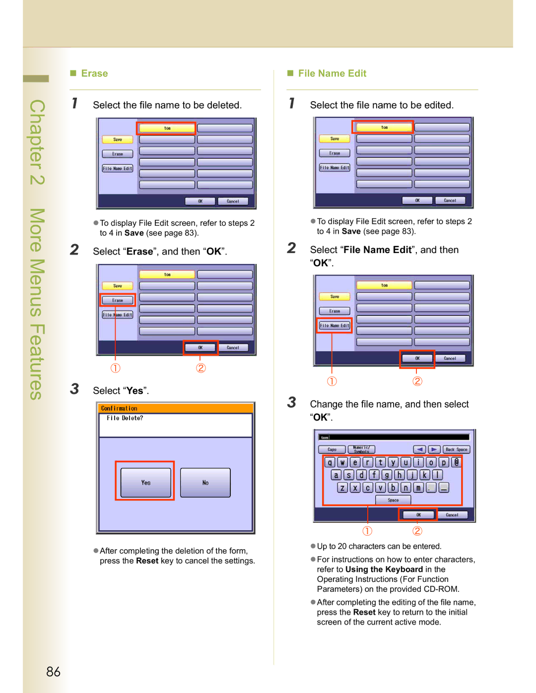 Panasonic DP-C323, C263 Select the file name to be deleted, Select Erase, and then OK, Select the file name to be edited 