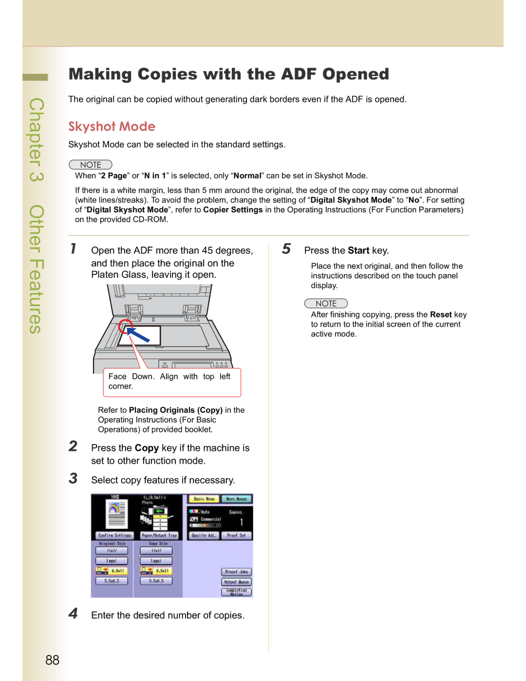 Panasonic C213, DP-C354 Other Features, Making Copies with the ADF Opened, Skyshot Mode, Plate n Glass, leaving it open 