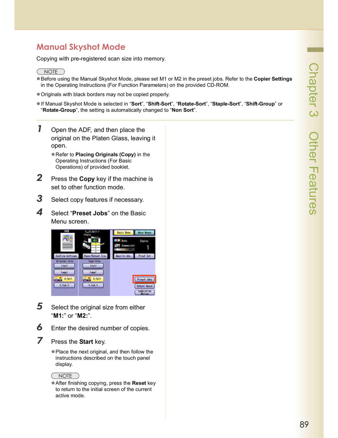 Panasonic C264, DP-C354, DP-C323, C263, C213 manual Manual Skyshot Mode, Copying with pre-registered scan size into memory 