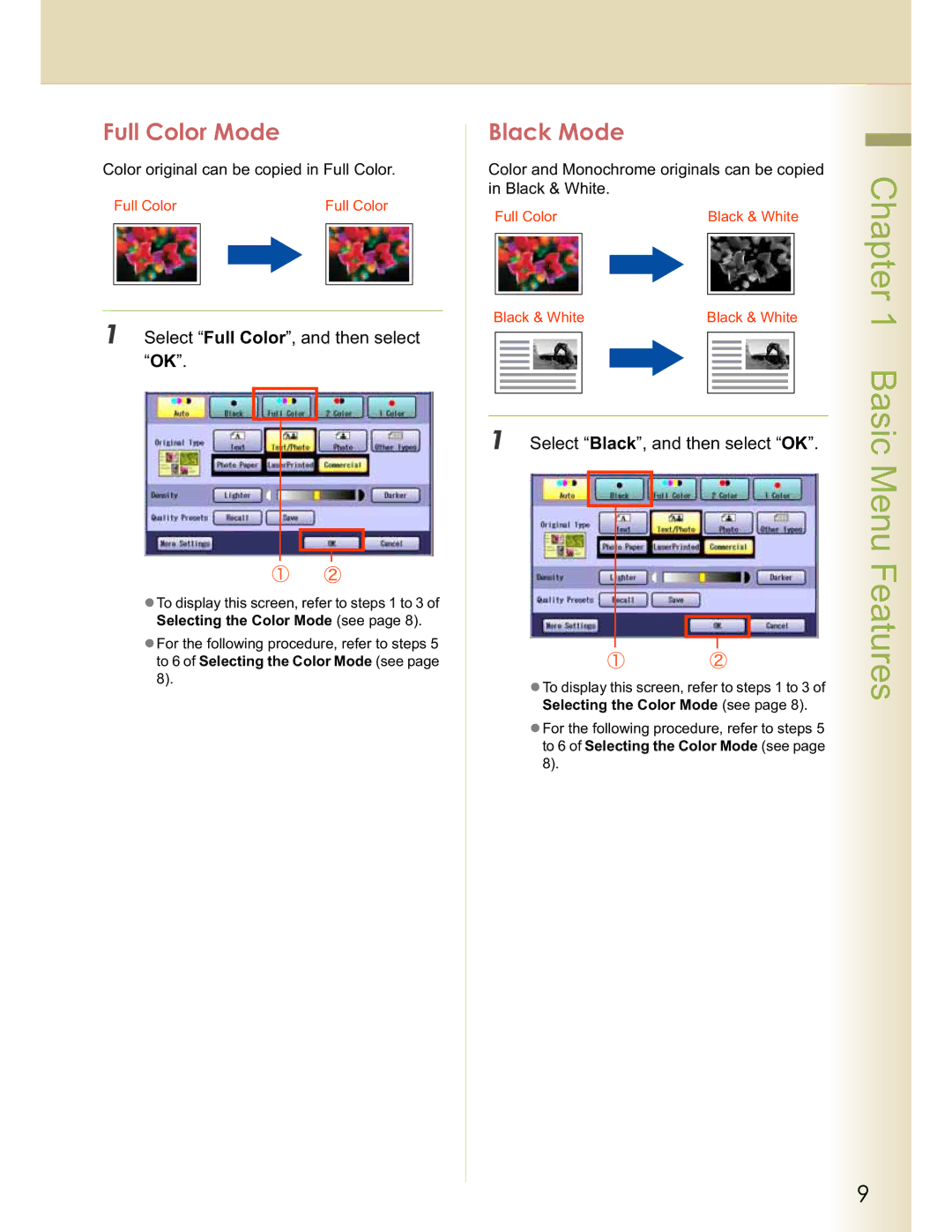 Panasonic C264, C263 Full Color Mode, Black Mode, Select Full Color, and then select OK, Select Black, and then select OK 