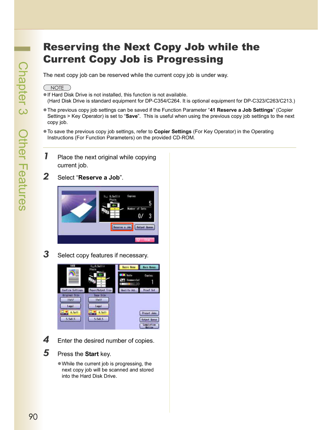 Panasonic DP-C354, DP-C323, C263, C213, C264 manual Place the next original while copying current job, Select Reserve a Job 