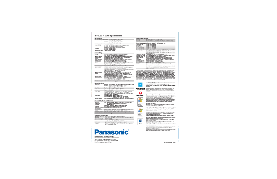 Panasonic DP-CL18 DP-CL22 / CL18 Specifications, Performance, Connectivity, Paper Handling, Operating Environment 