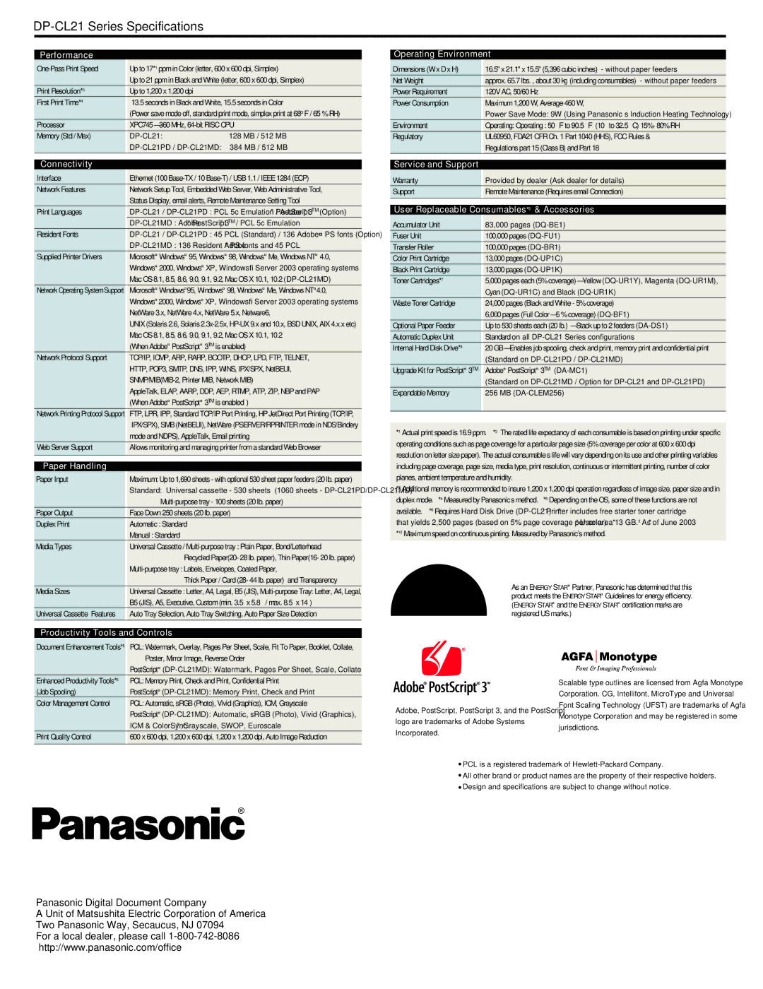 Panasonic DP-CL21 Performance, Connectivity, Paper Handling, Productivity Tools and Controls, Operating Environment 