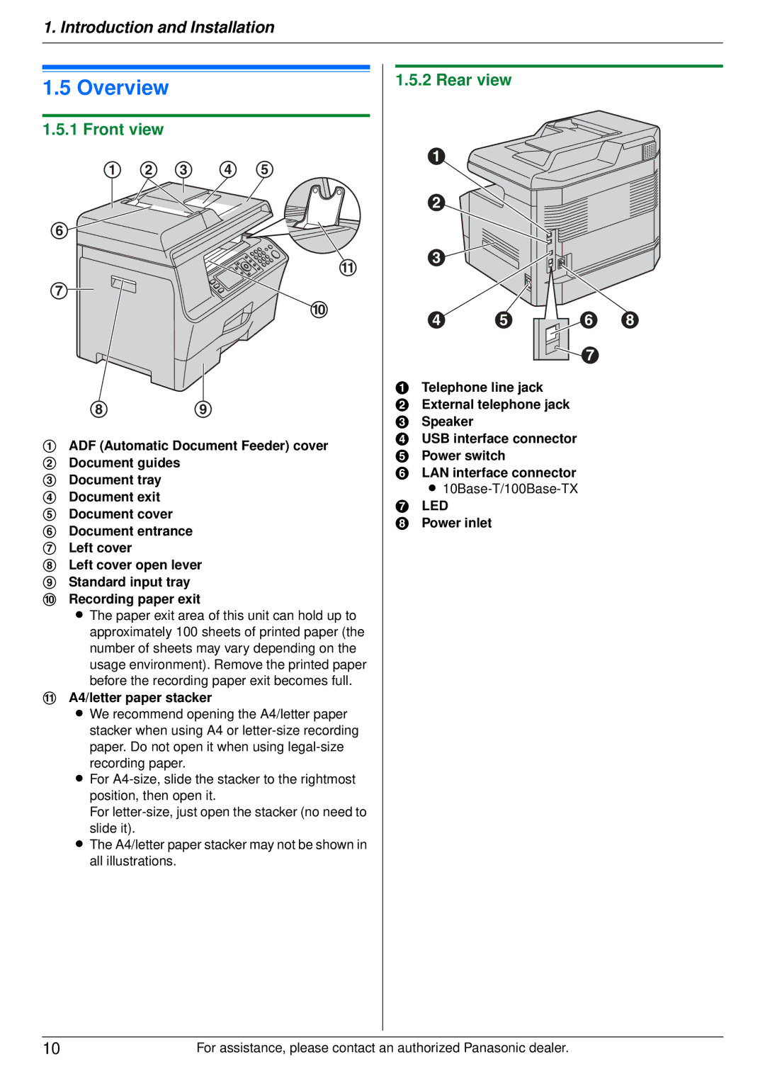 Panasonic DP-MB350 manual Overview, Front view, Rear view, A4/letter paper stacker, Power inlet 