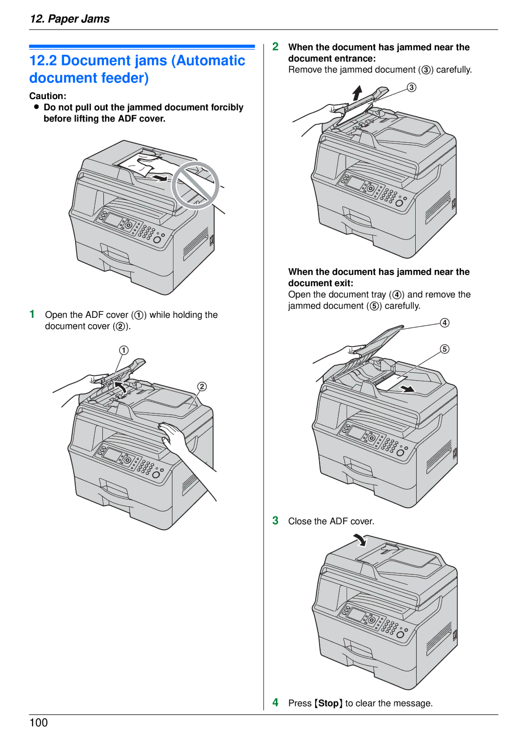 Panasonic DP-MB350 manual Document jams Automatic document feeder, Open the ADF cover 1 while holding the document cover 