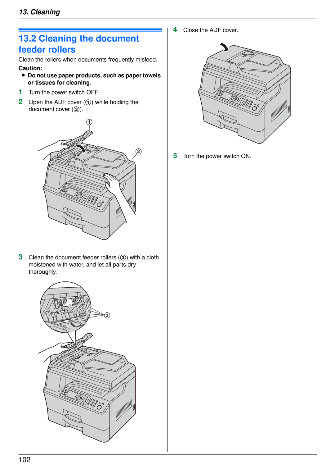 Panasonic DP-MB350 manual Cleaning the document feeder rollers, Clean the rollers when documents frequently misfeed 