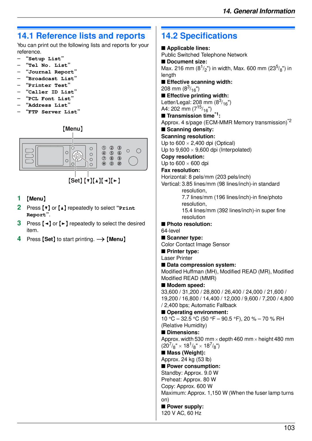 Panasonic DP-MB350 manual Reference lists and reports, Specifications 