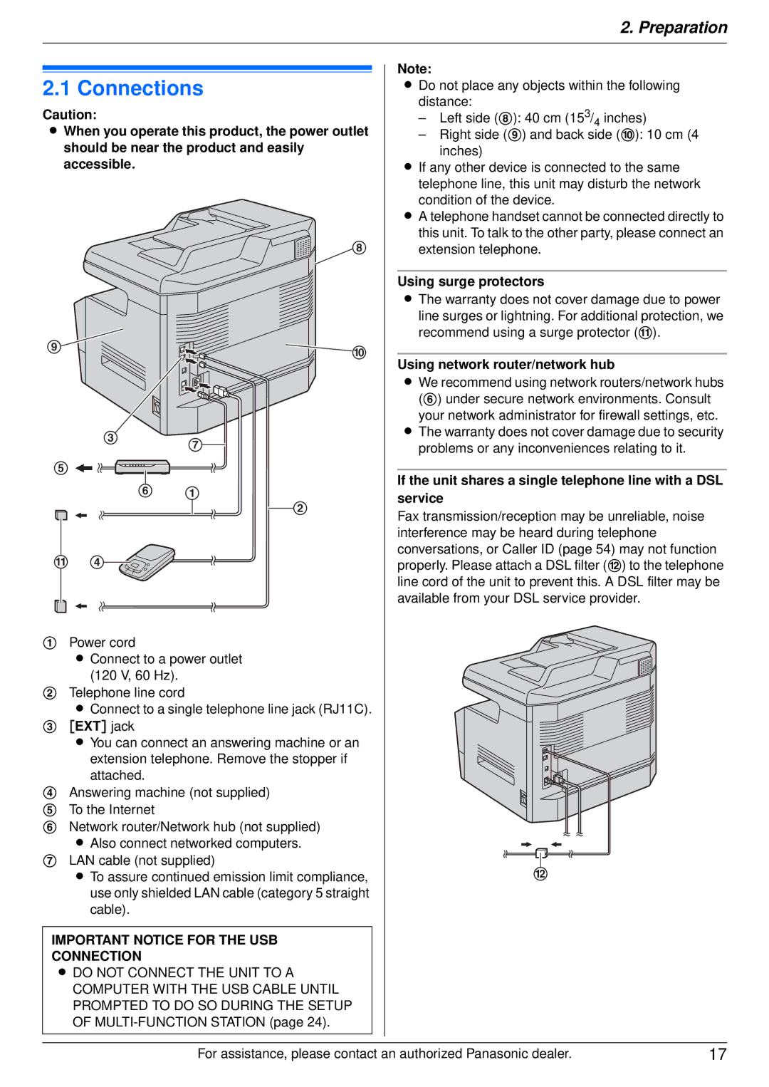 Panasonic DP-MB350 manual Connections, Using surge protectors, Using network router/network hub 