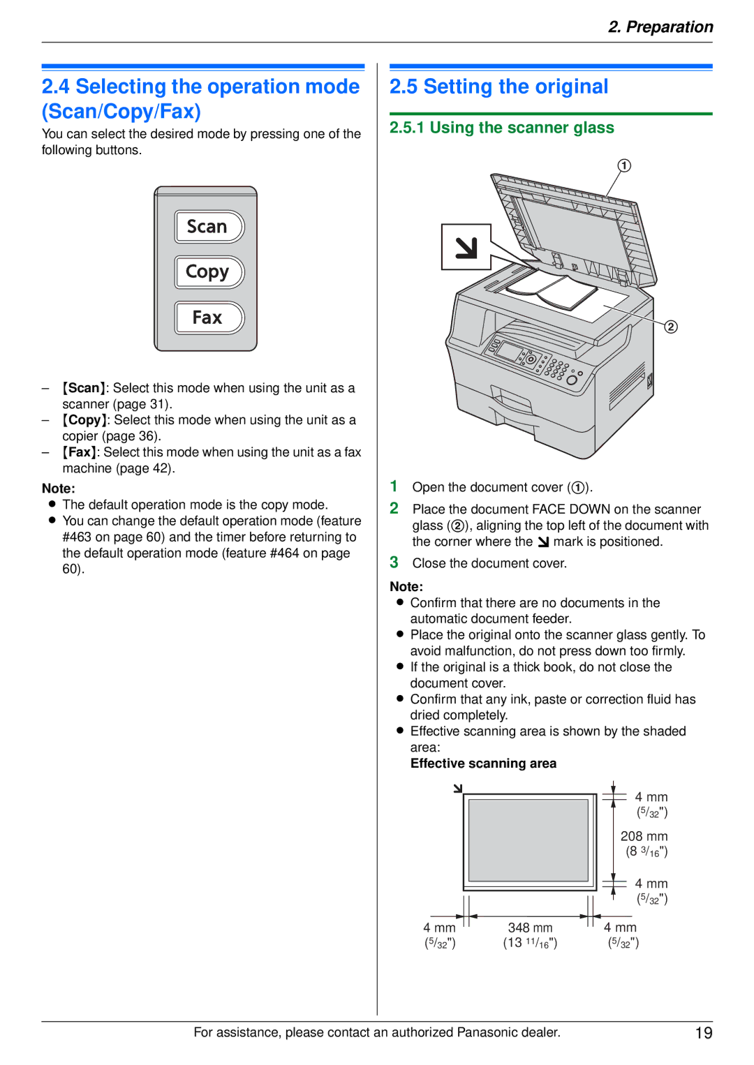 Panasonic DP-MB350 manual Selecting the operation mode Scan/Copy/Fax, Setting the original, Using the scanner glass 