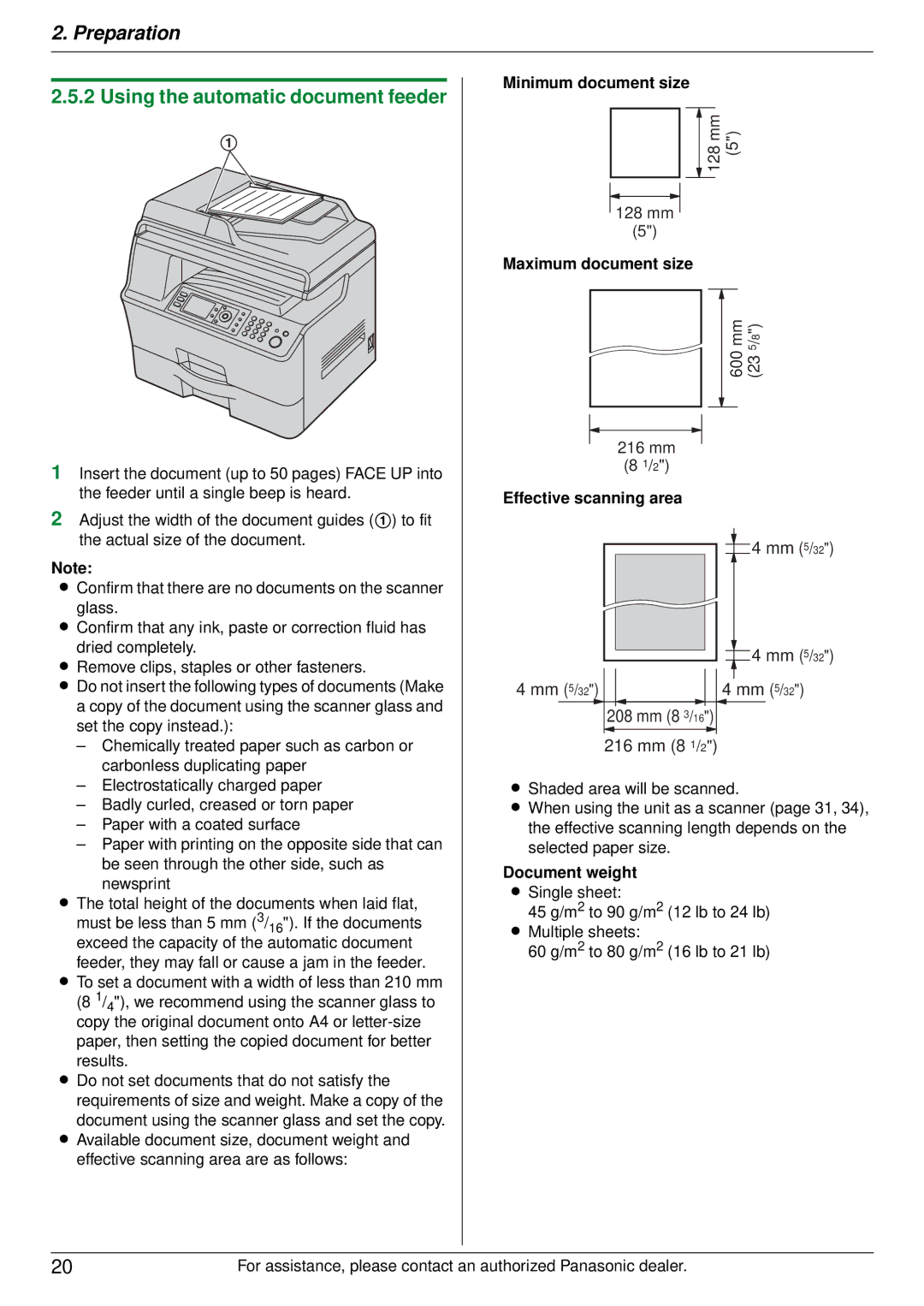 Panasonic DP-MB350 Using the automatic document feeder, Minimum document size, Maximum document size, Document weight 