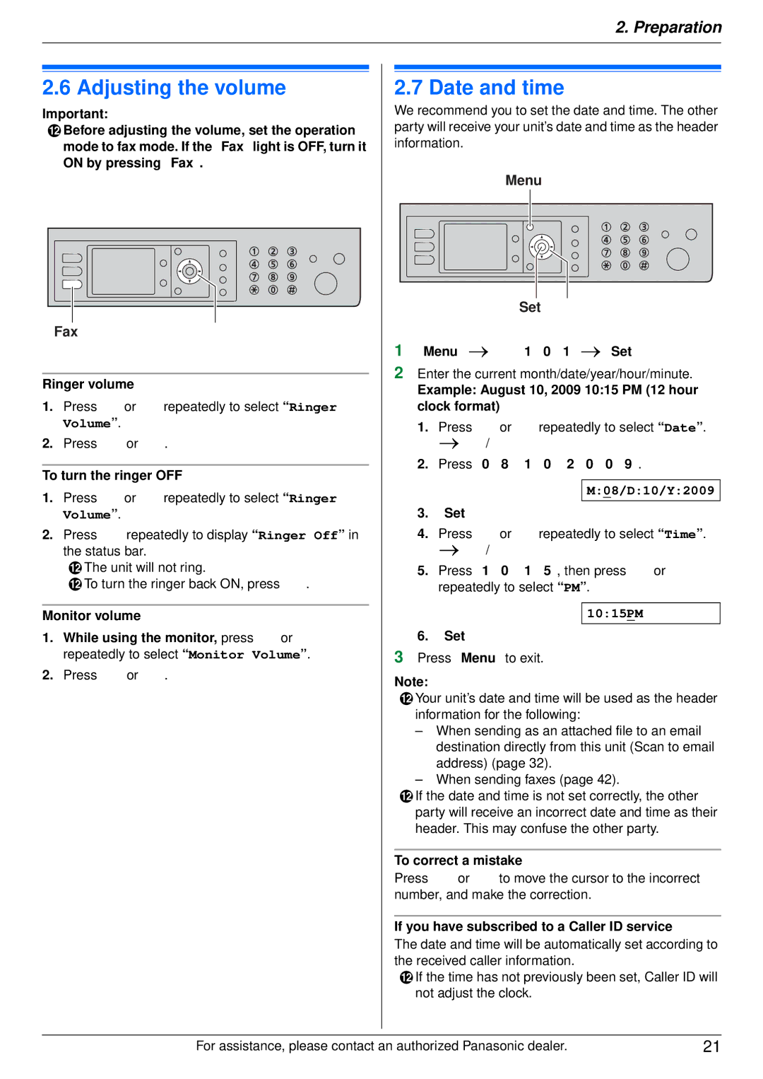 Panasonic DP-MB350 manual Adjusting the volume, Date and time 