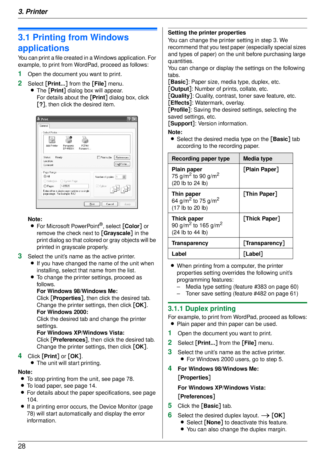 Panasonic DP-MB350 manual Printing from Windows applications, Duplex printing 