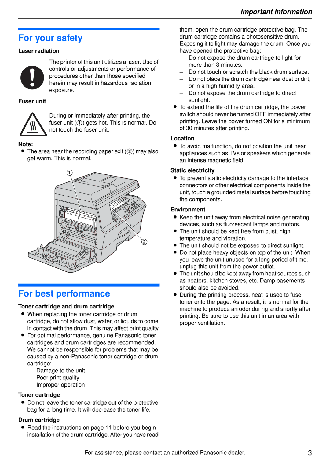 Panasonic DP-MB350 manual For your safety, For best performance 