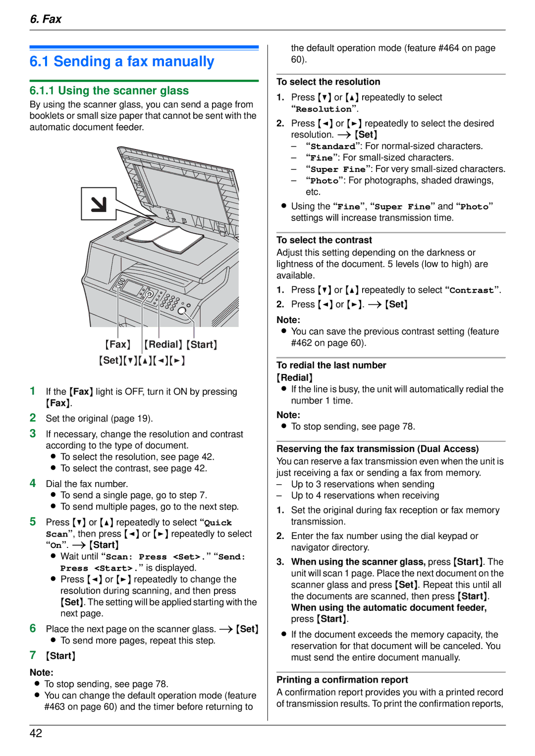 Panasonic DP-MB350 Sending a fax manually, To redial the last number Redial, Reserving the fax transmission Dual Access 