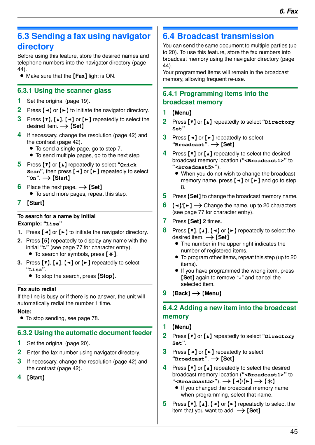 Panasonic DP-MB350 manual Sending a fax using navigator directory, Broadcast transmission 