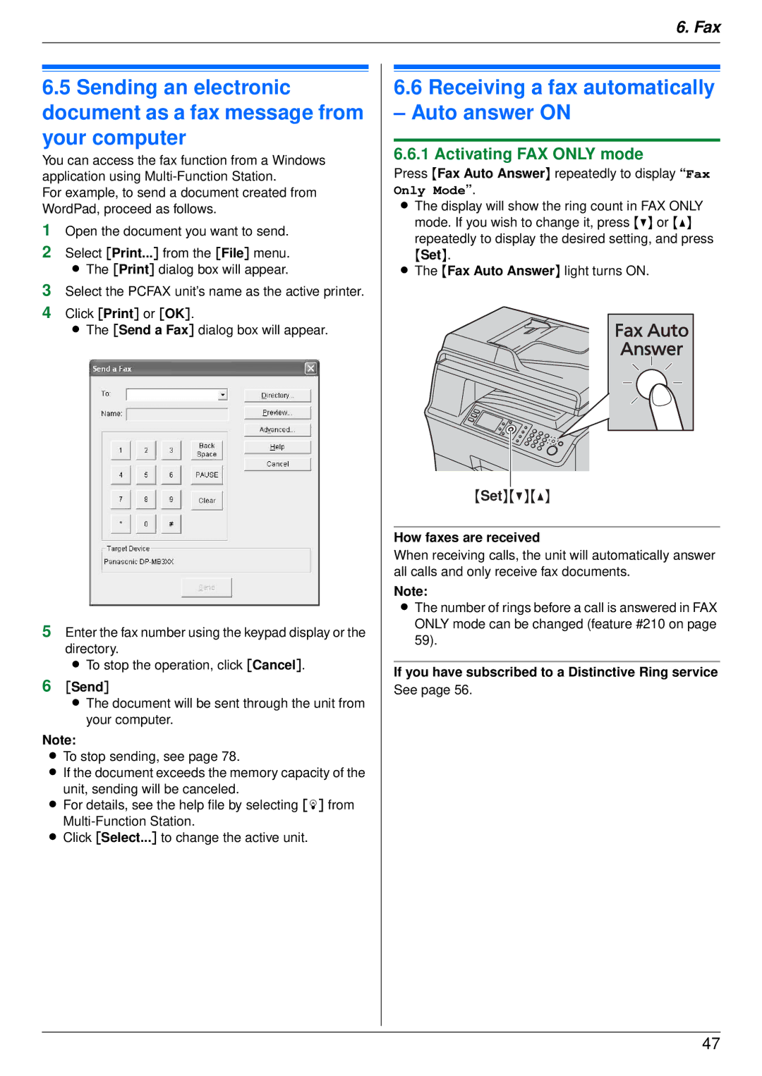 Panasonic DP-MB350 Receiving a fax automatically Auto answer on, Activating FAX only mode, Send, How faxes are received 