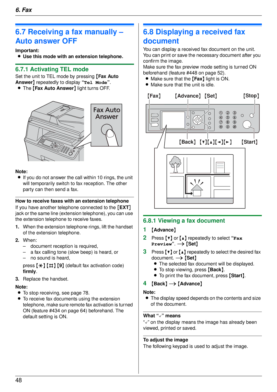 Panasonic DP-MB350 Receiving a fax manually Auto answer OFF, Displaying a received fax document, Activating TEL mode 