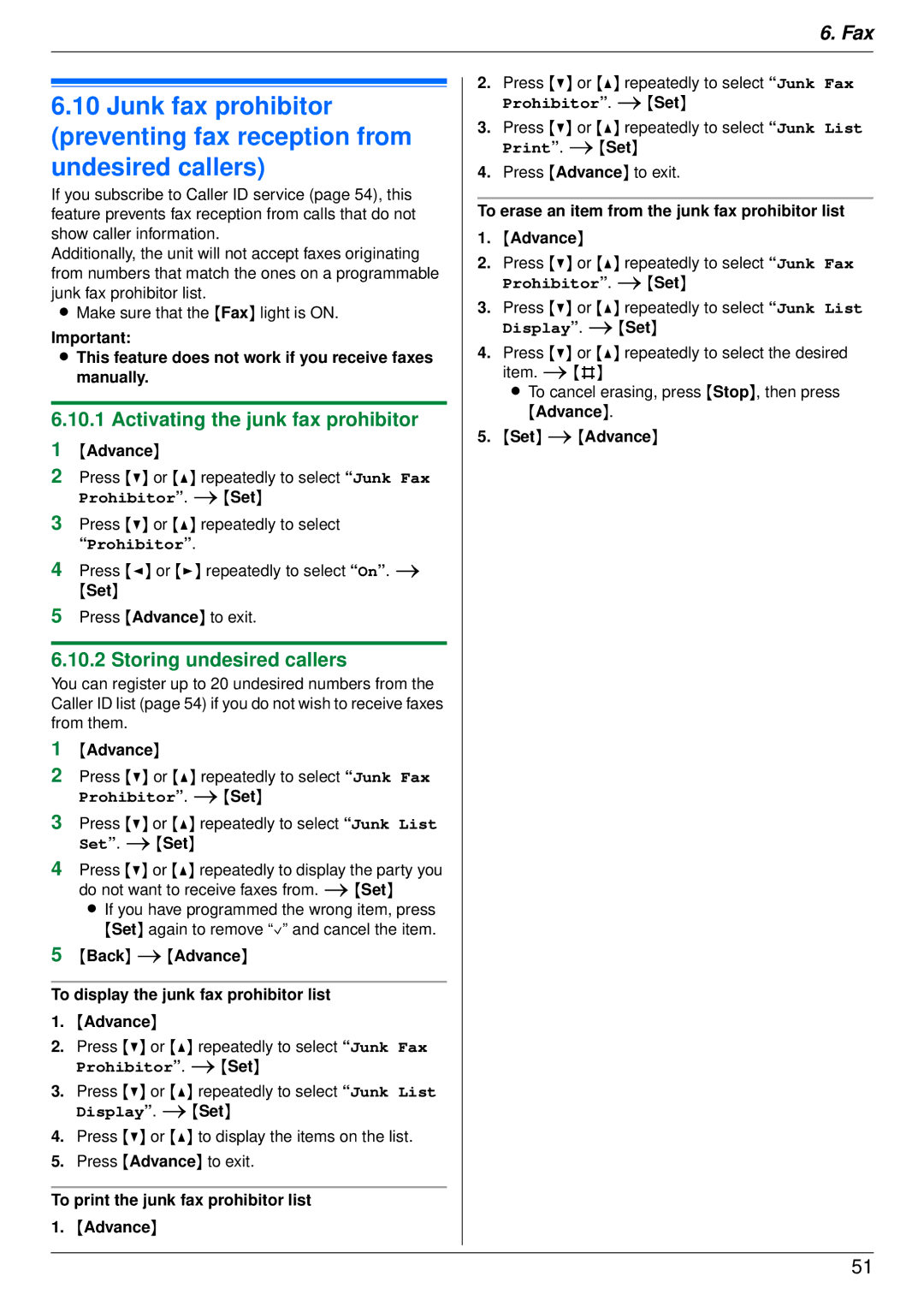 Panasonic DP-MB350 manual Activating the junk fax prohibitor, Storing undesired callers 