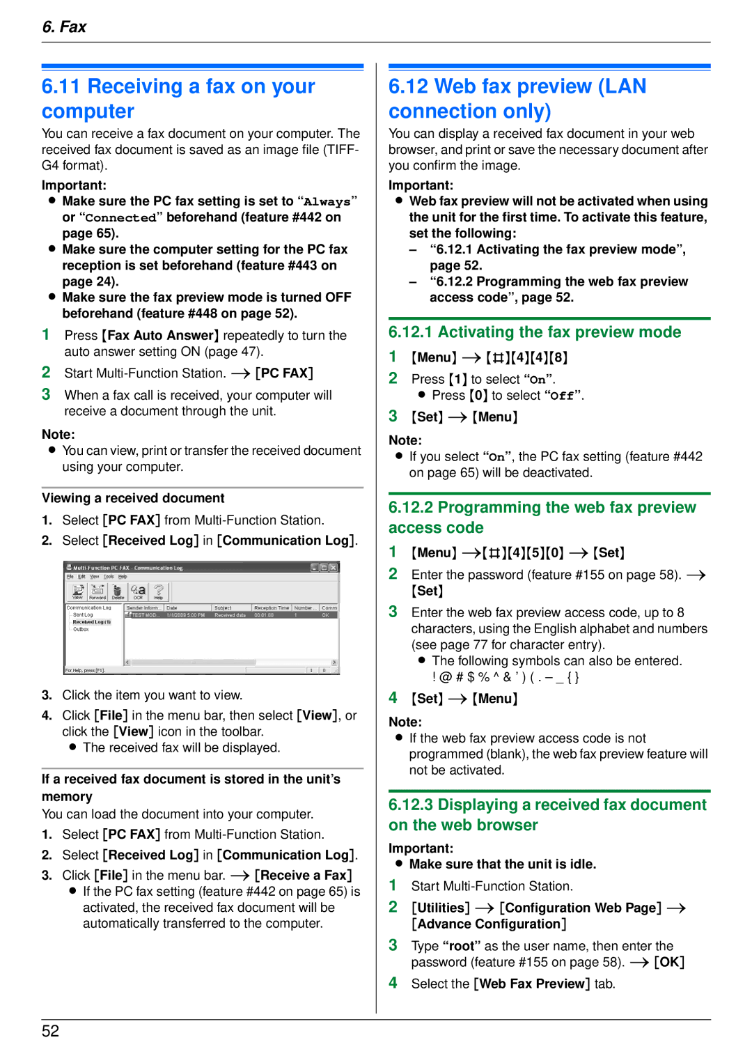 Panasonic DP-MB350 Receiving a fax on your computer, Web fax preview LAN connection only, Activating the fax preview mode 