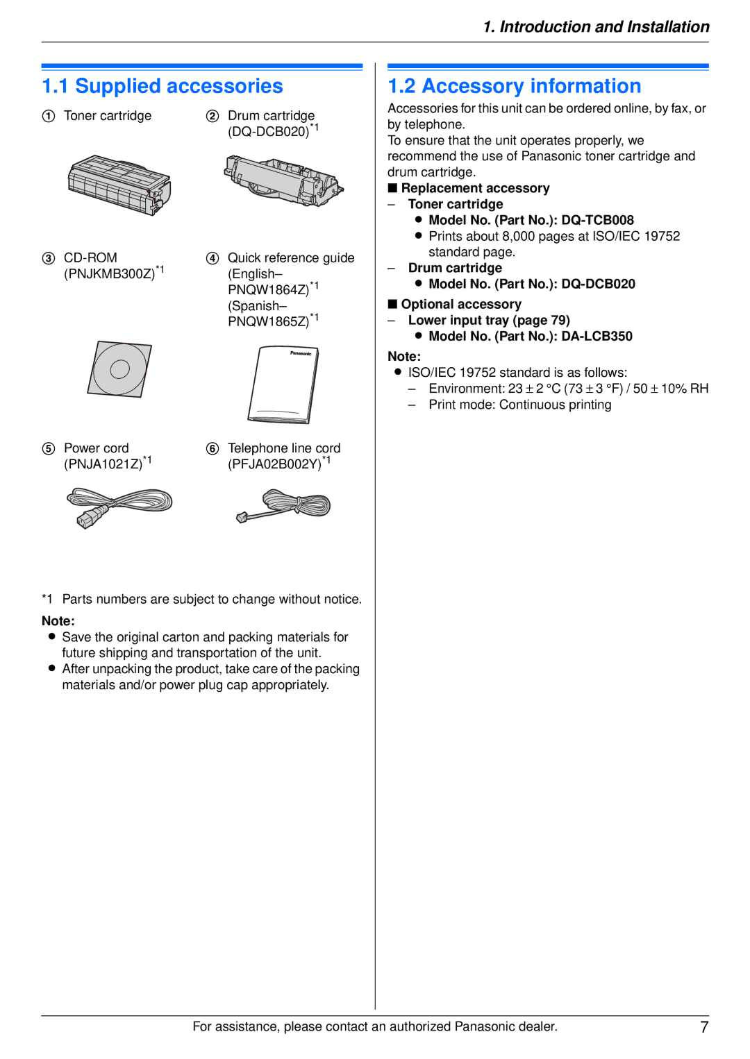 Panasonic DP-MB350 Supplied accessories, Accessory information, Toner cartridge Drum cartridge, Quick reference guide 