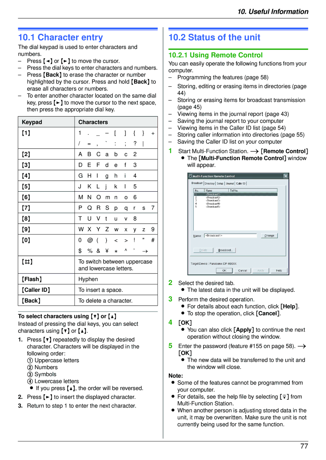 Panasonic DP-MB350 manual Character entry, Status of the unit, Using Remote Control, Keypad Characters 