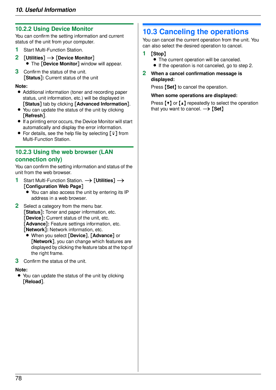 Panasonic DP-MB350 manual Canceling the operations, Using Device Monitor, Using the web browser LAN connection only 