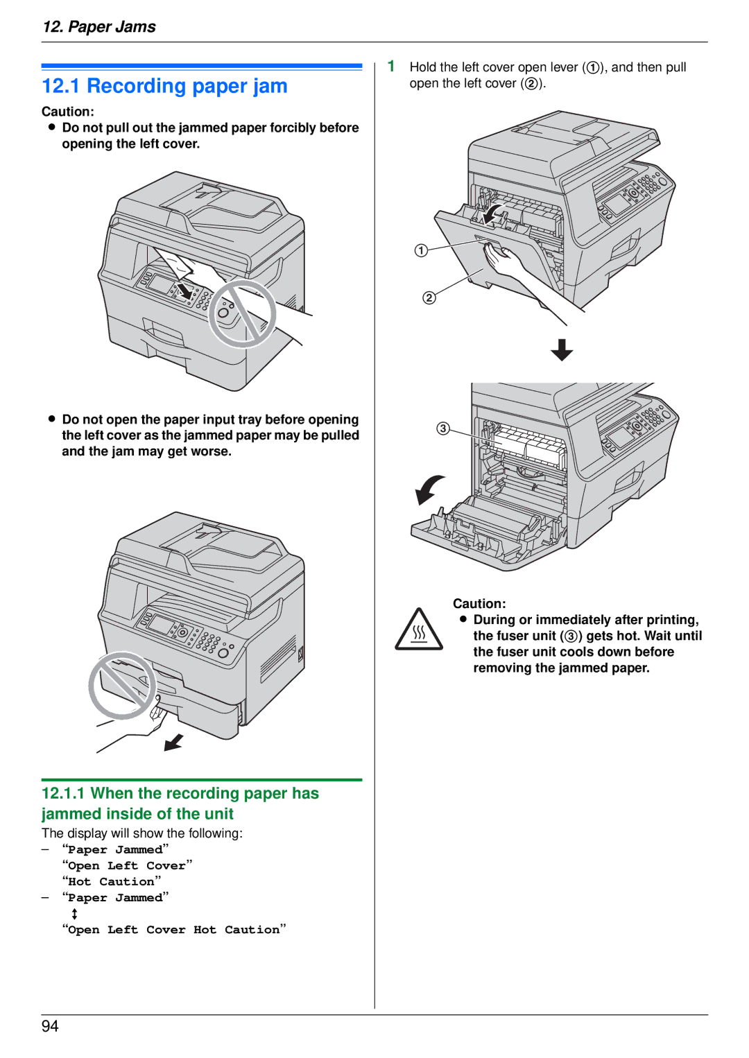 Panasonic DP-MB350 manual Recording paper jam, When the recording paper has jammed inside of the unit 