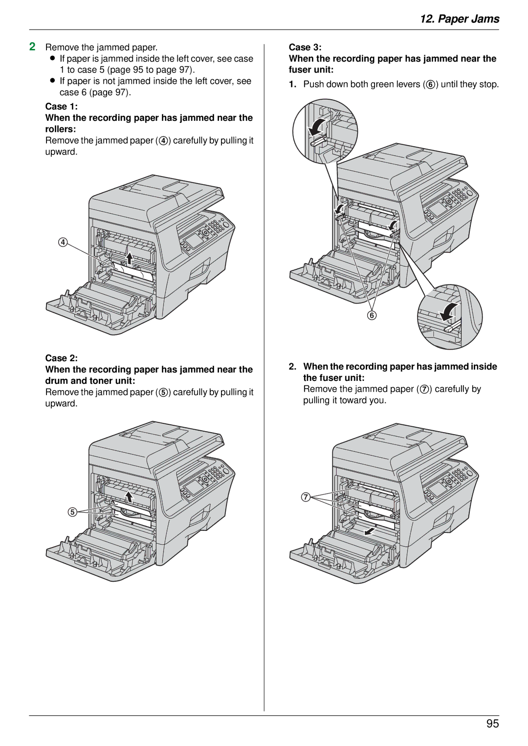 Panasonic DP-MB350 manual Case When the recording paper has jammed near the rollers 