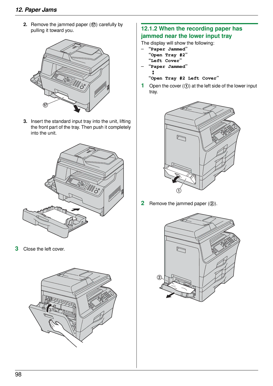 Panasonic DP-MB350 manual Paper Jammed Open Tray #2 Left Cover Paper Jammed b 