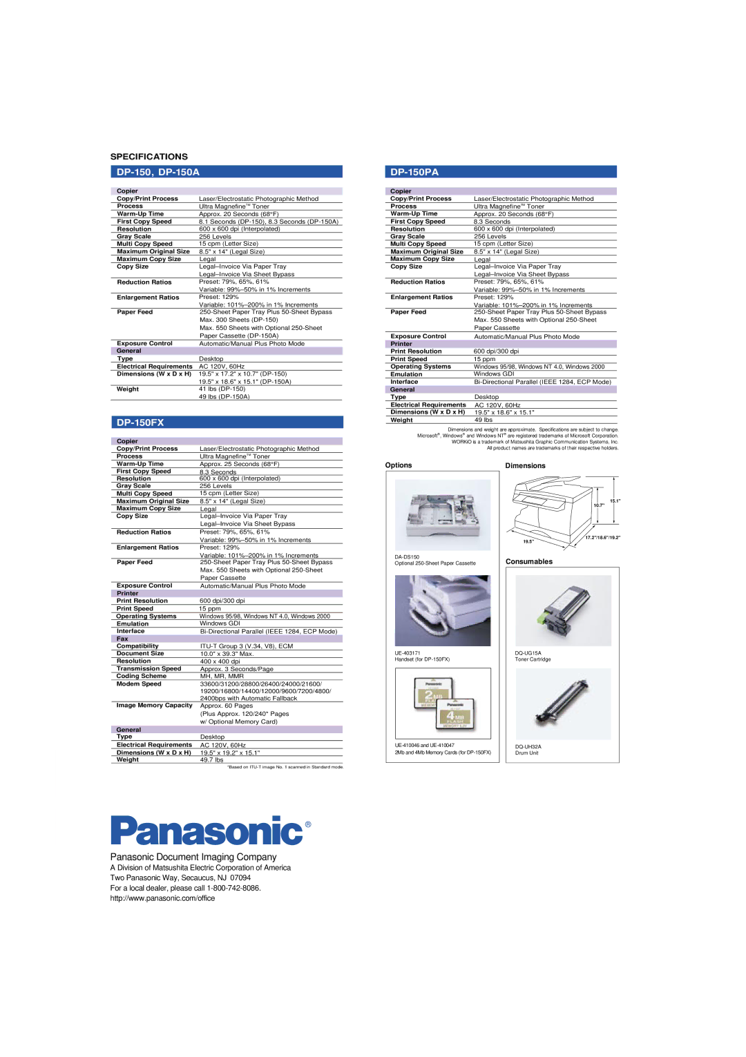 Panasonic DP-150A, DP150, DP-150PA manual Panasonic Document Imaging Company 