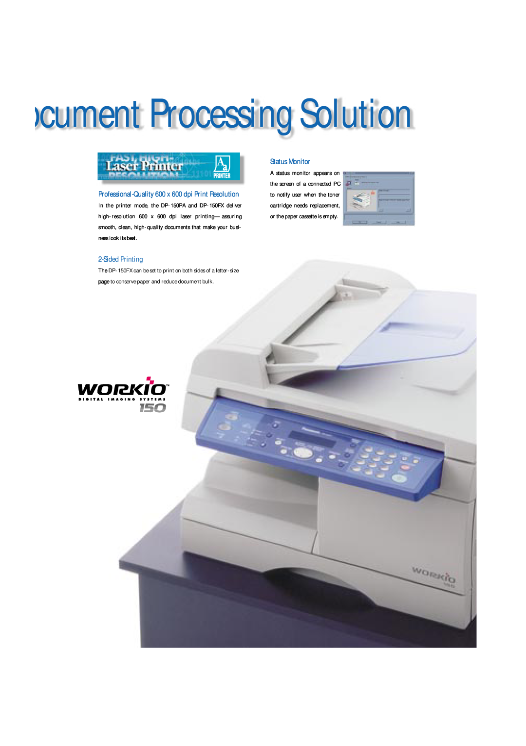 Panasonic DP-150PA, DP150, DP-150A manual Status Monitor, Sided Printing, ocument Processing Solution 