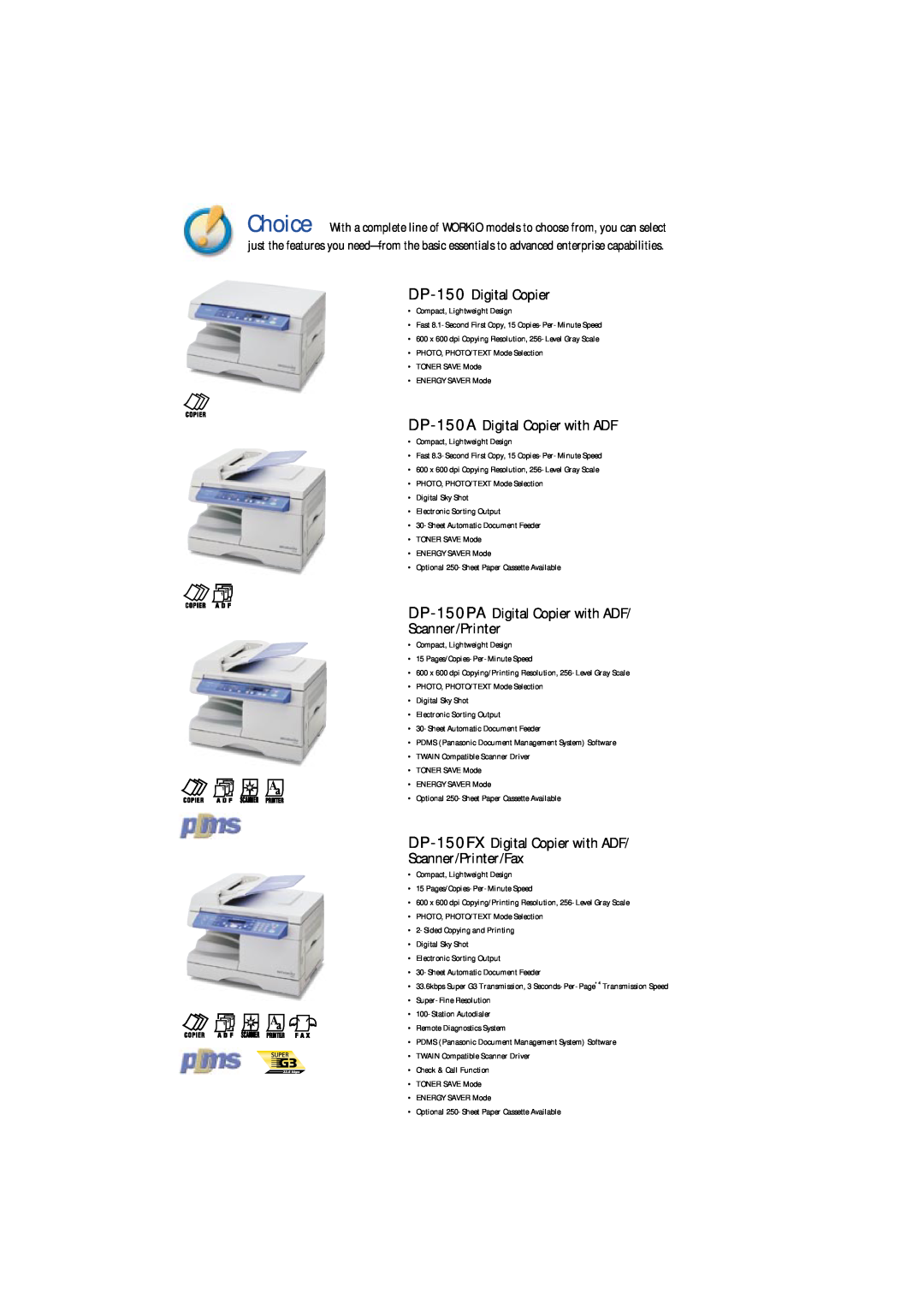 Panasonic DP150 DP-150 Digital Copier, DP-150A Digital Copier with ADF, DP-150PA Digital Copier with ADF Scanner/Printer 