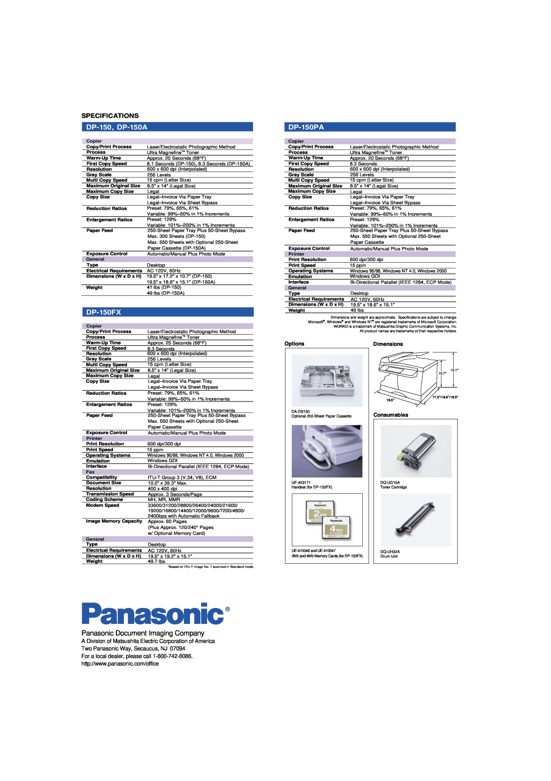 Panasonic Panasonic Document Imaging Company, DP-150, DP-150A, DP-150FX, DP-150PA, Specifications, Options, Dimensions 
